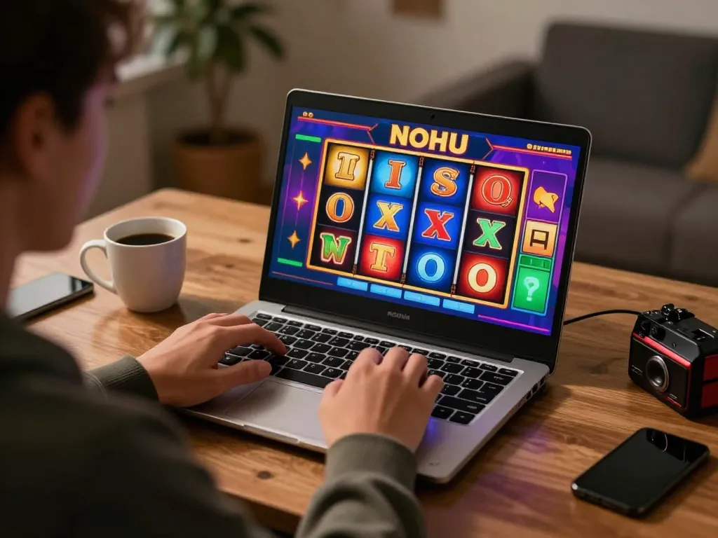 Engaging scene of a player enjoying nohu slots on a laptop in a cozy home office.