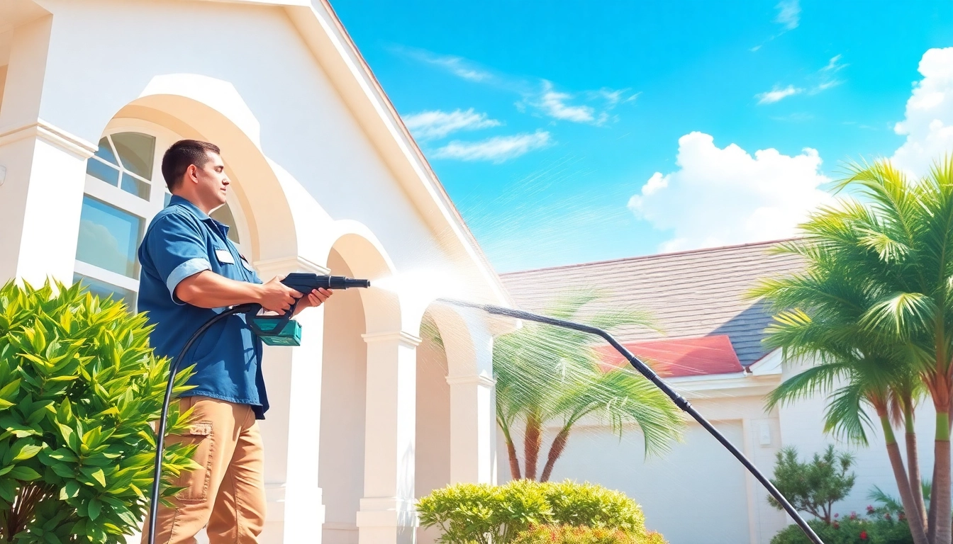 Pressure wash service in Kissimmee, showcasing a technician cleaning a home with a pressure washer.