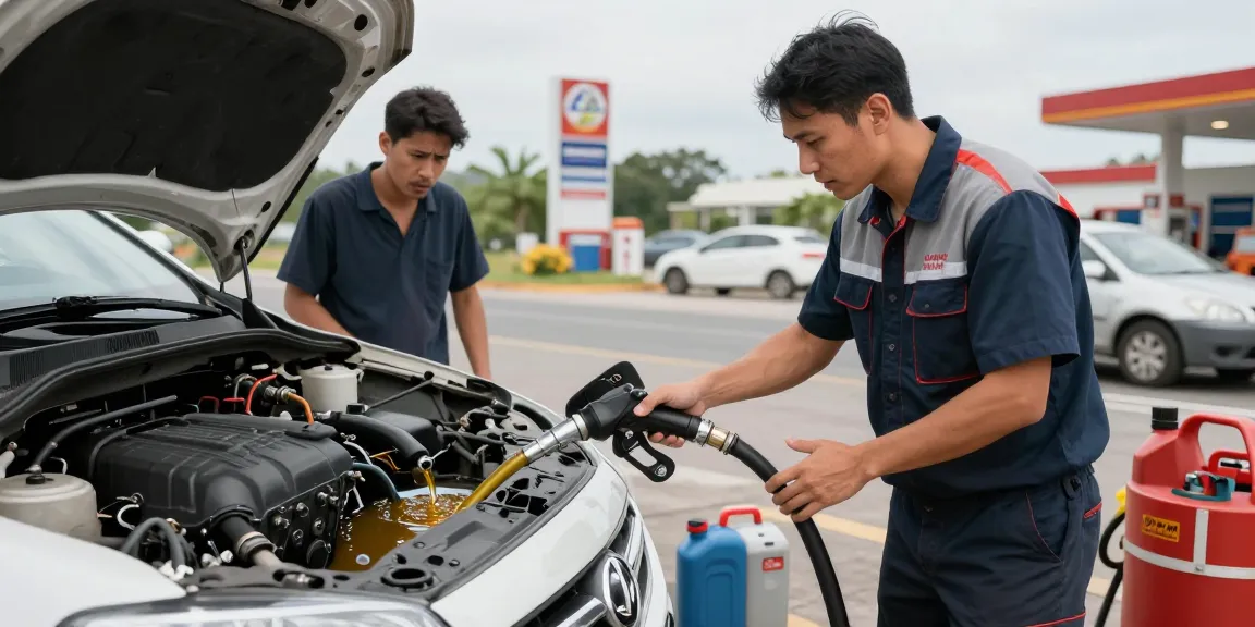 Technician performing fuel drainage for contamination in fuel tank at a roadside fuel station, demonstrating professional service.