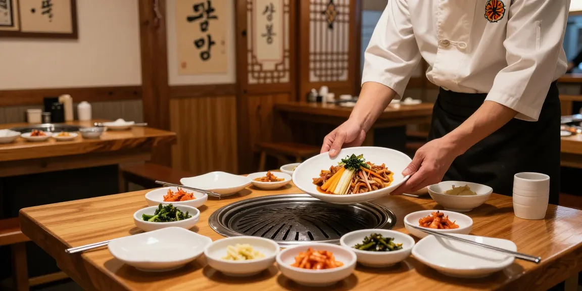 상봉동 한국관 featuring a chef serving traditional Korean barbecue in a cozy, beautifully decorated restaurant setting.