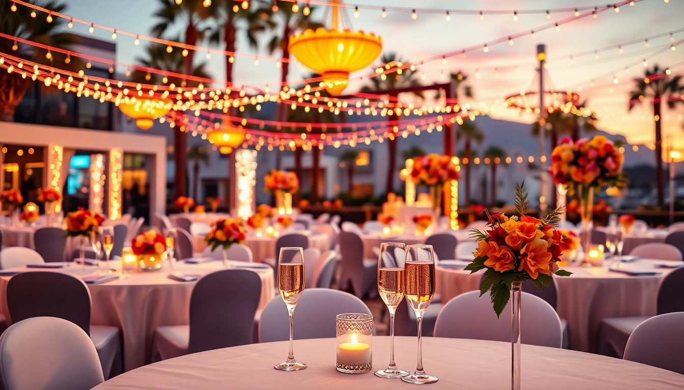 Charming outdoor setup for Event Rentals Las Vegas featuring elegant tables and festive decorations.