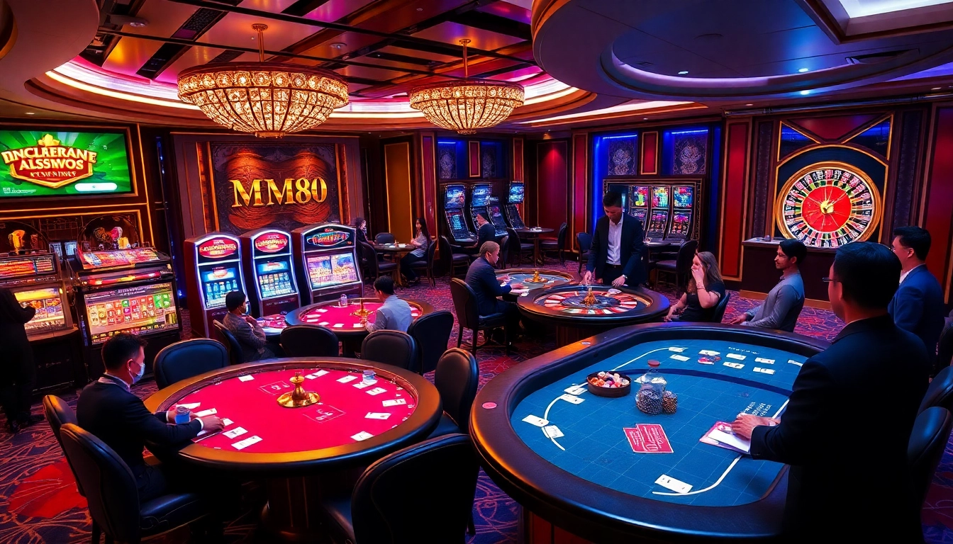 Experience the thrill of MM88 in a vibrant casino scene with poker and slot machines.