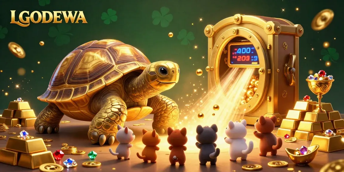 Experience thrilling jackpot action with LGODEWA's 3D casino illustration depicting a golden tortoise pinball machine.