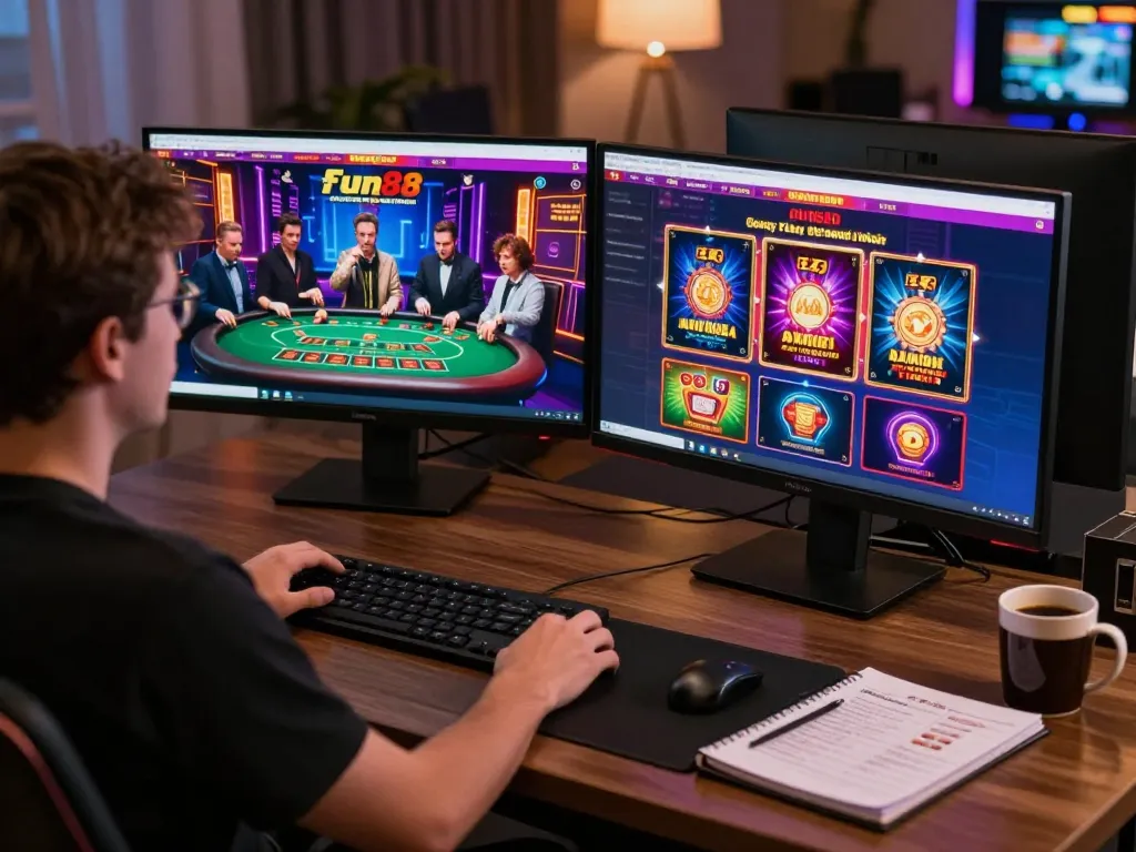 fun88 player engaging in live blackjack table while using dual monitors for online gaming