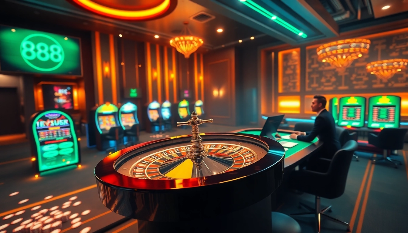 Excitement of online gambling at 888b with vibrant roulette wheel and professional dealer.