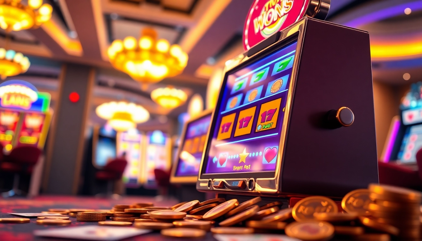 Menangkan slot depo 1k dengan mesin slot megah yang dikelilingi koin bersinar.