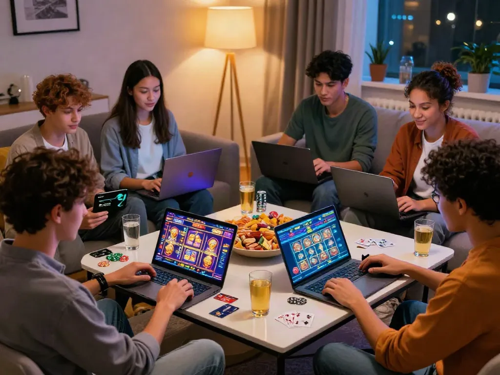 Friends playing at online casinos that take credit cards with laptops, snacks, and vibrant lighting.