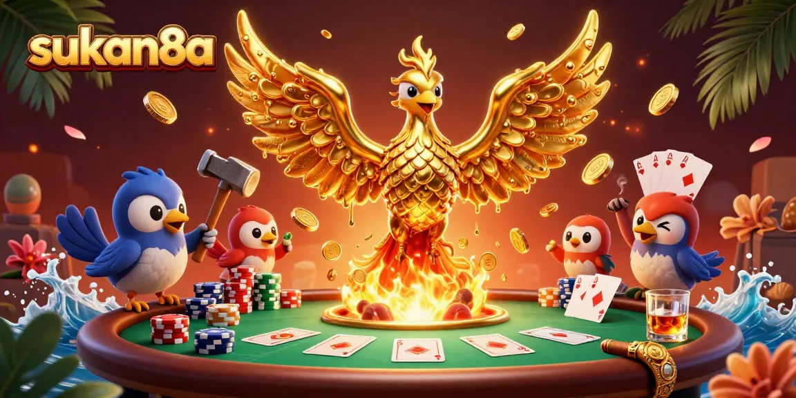 Sukan8a showcases a molten golden phoenix emerging from a forge, surrounded by vibrant poker elements.