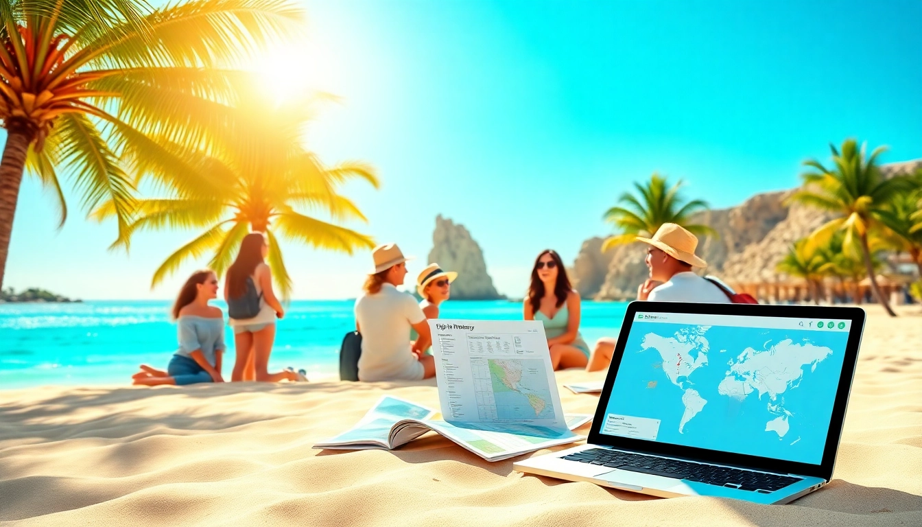 Cabo trip planner engagingly showcases travelers discussing their vacation plans at a sunny beach.