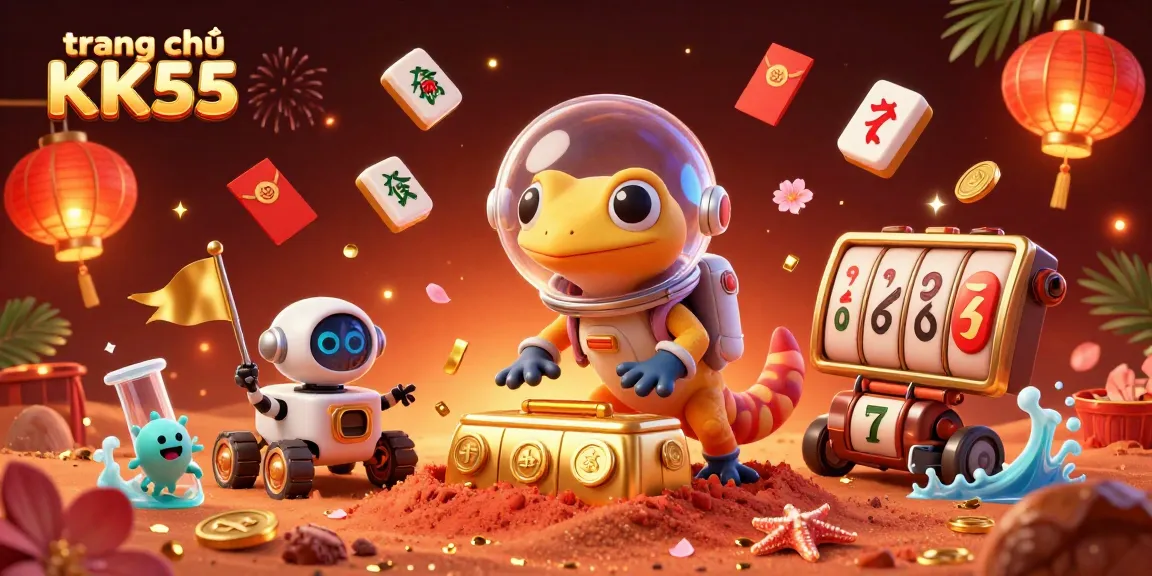 Experience the thrilling adventure of trang chủ KK55's Martian gecko uncovering a golden casino amid a vibrant cosmic celebration.