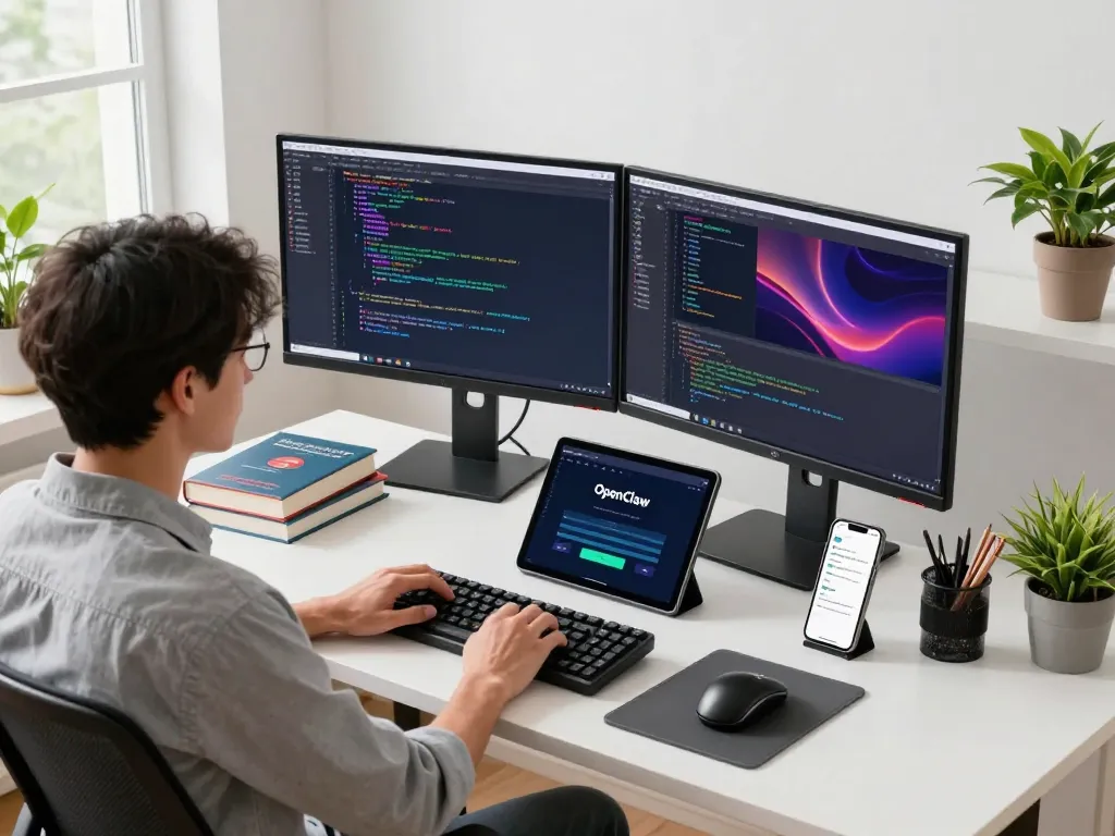 Developer using OpenClaw in a modern tech workspace with dual monitors and natural lighting.
