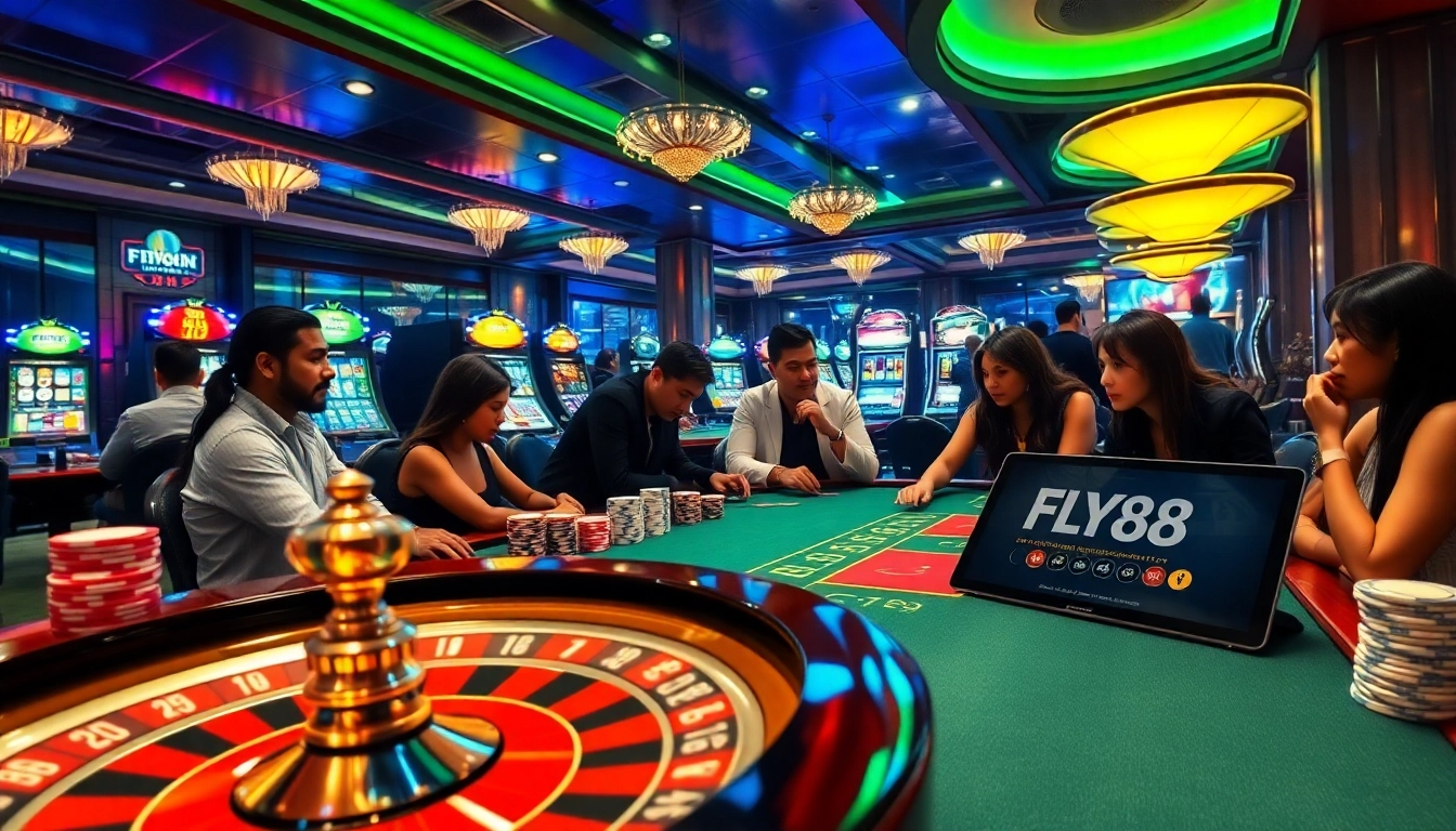 Experience luxury gaming at FLY88 đăng nhập with colorful chips and roulette wheel.