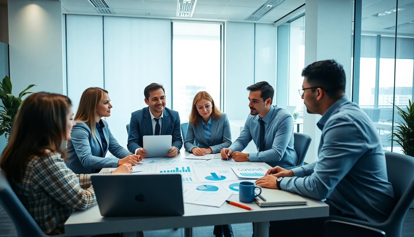 Quickplus Business Consultants team collaborating in a professional office setting, showcasing teamwork and strategy.