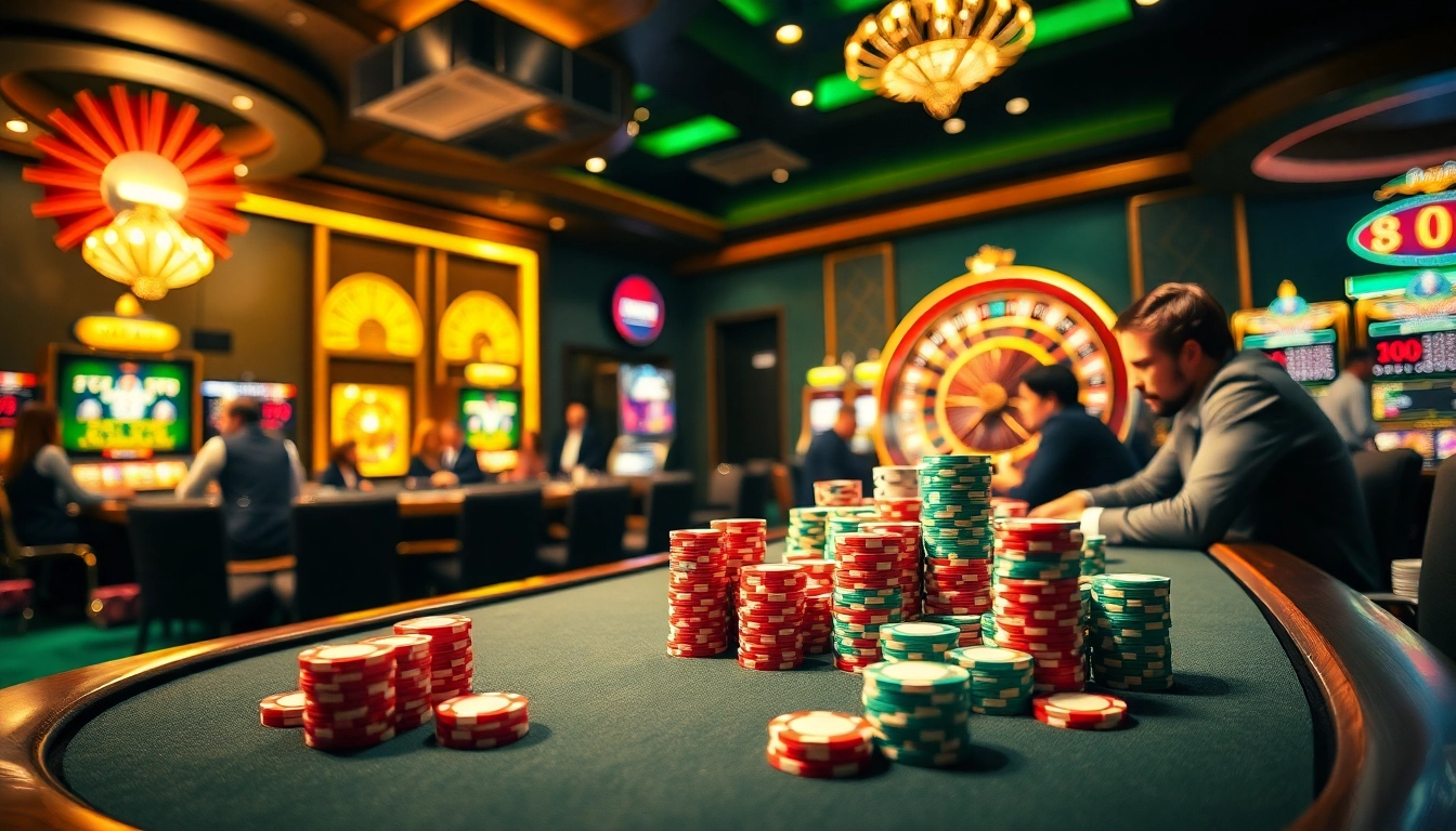 Exciting gambling scene with poker chips, a roulette wheel, and slot machines at Tha bet casino.