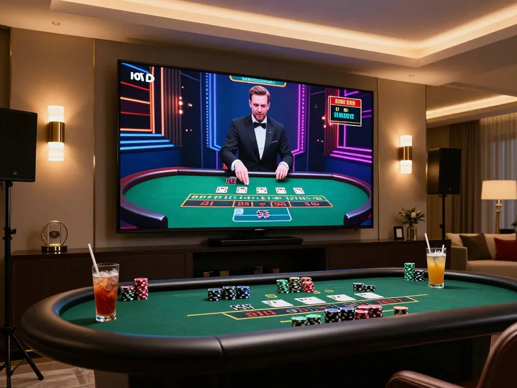 Player engaging in live casino gameplay, featuring a professional dealer and luxurious setup for immersive online gaming.