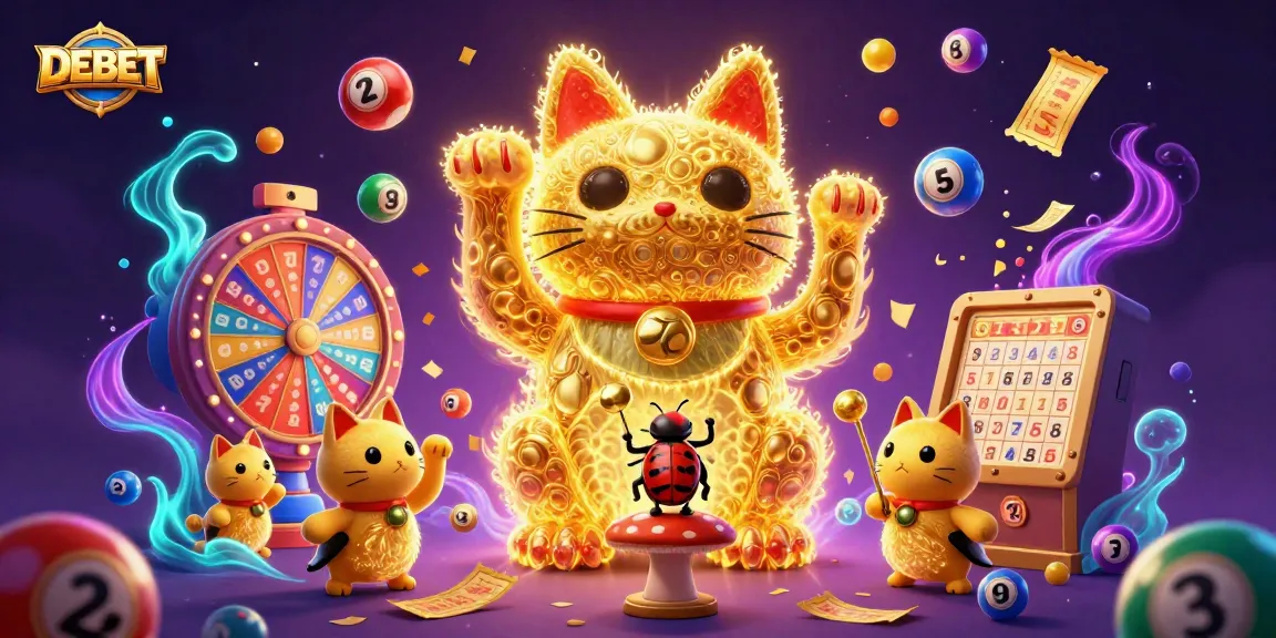 Experience the excitement of DEBET with vibrant lottery elements and a lively lucky cat design.