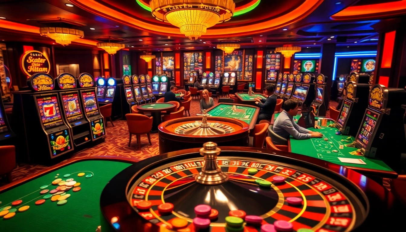 Experience the thrill of scatter hitam in an exciting casino scene filled with slot machines and playing cards.