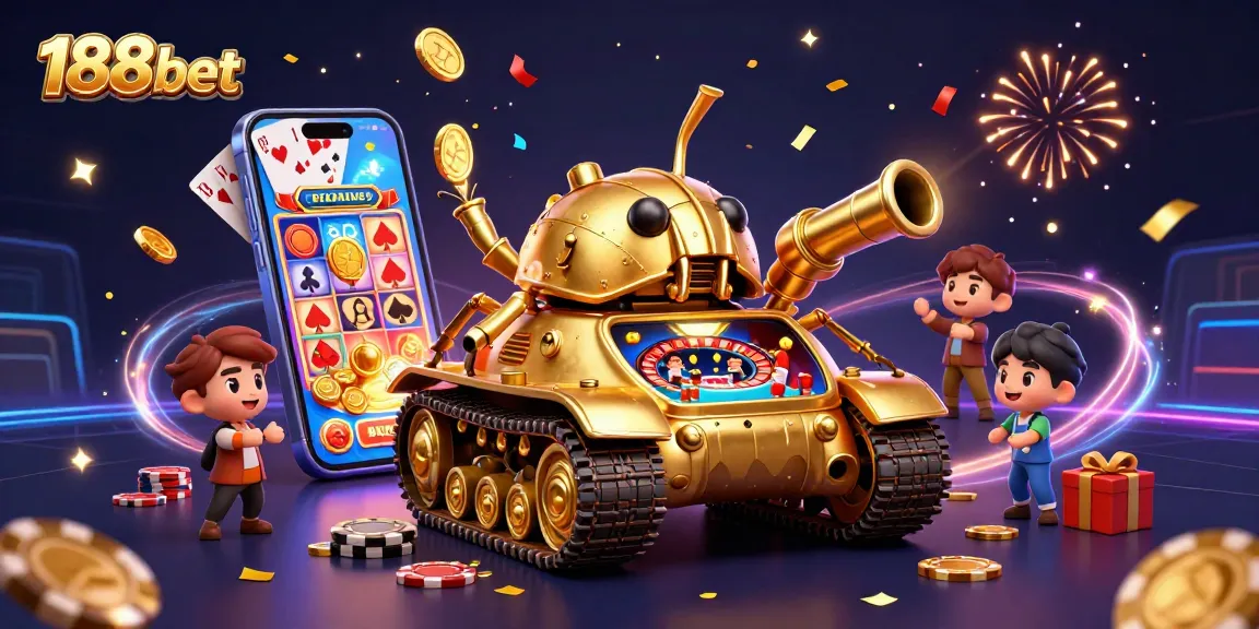 Experience the excitement of 188bet with a golden beetle tank casino scene bursting with games and confetti.