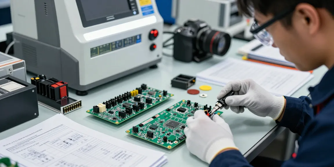 Engineers assembling crimp connectors in a high-tech electronics manufacturing facility, showcasing precision and reliability.