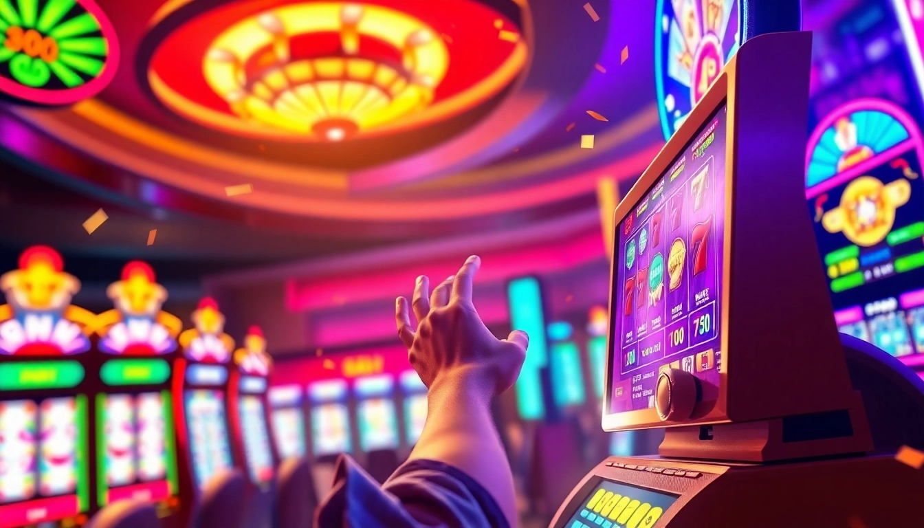 Menggambarkan pemain dengan antusias berinteraksi di bandar toto 4d slot online yang penuh warna dan energi.