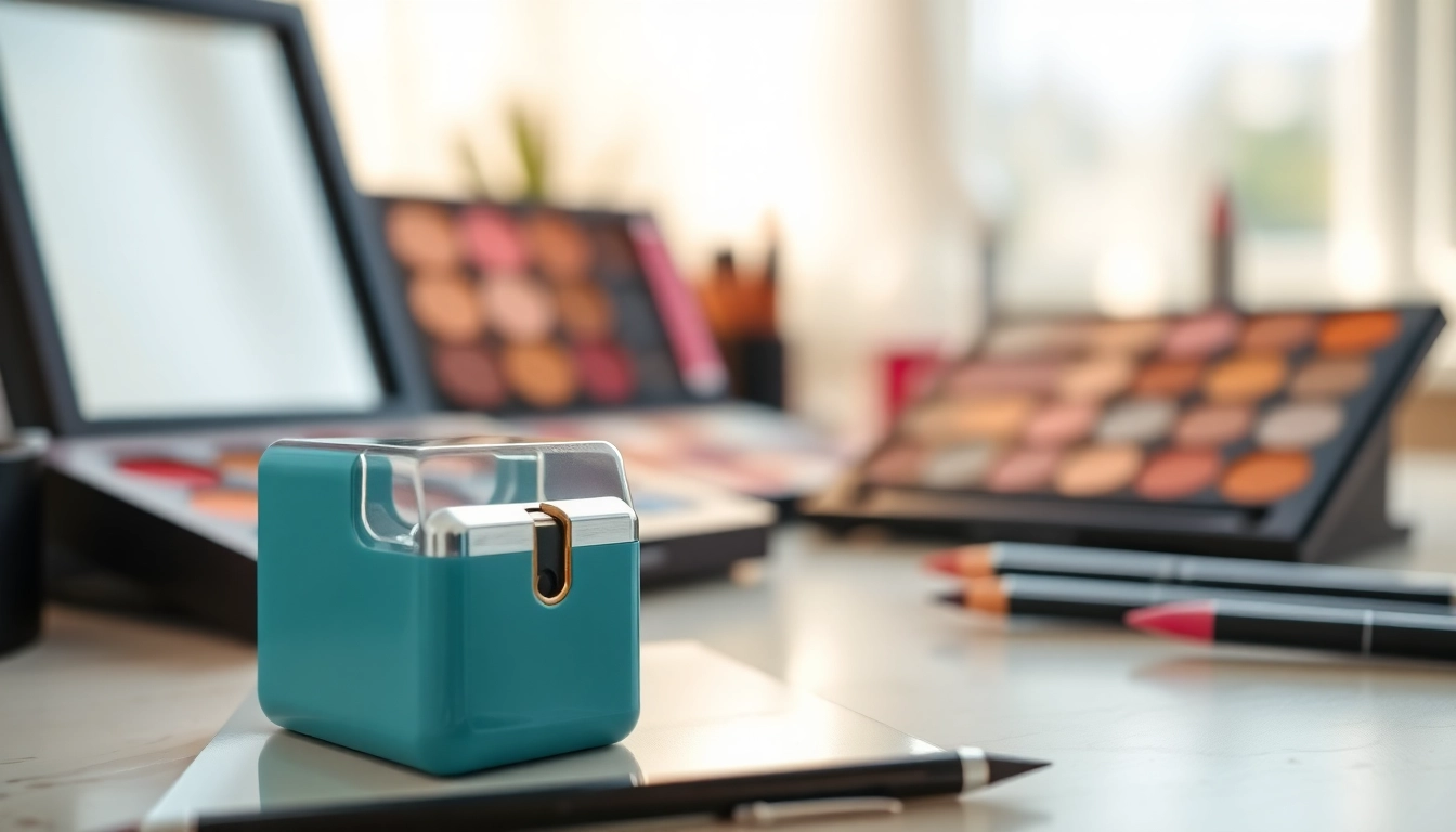 Sharpening makeup tools with a precise cosmetic pencil sharpener on a vanity table.