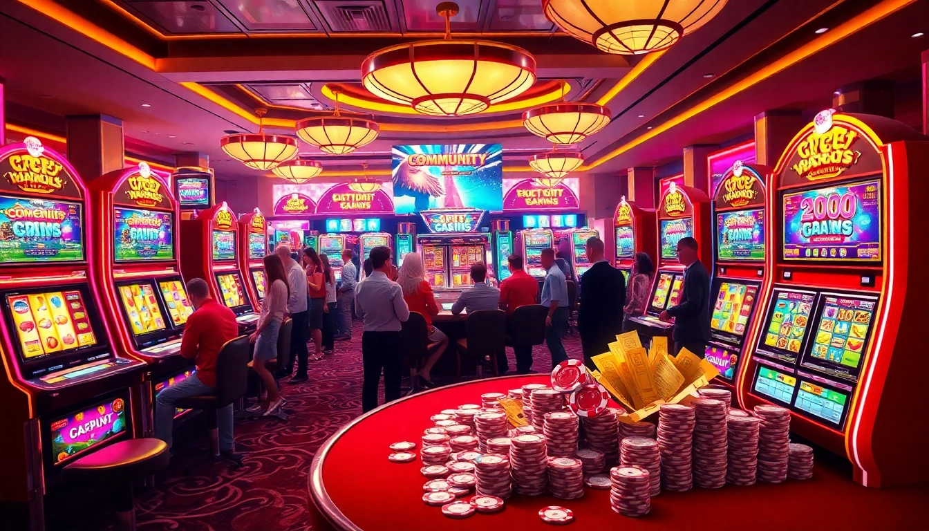 Excited gamblers engaging at a vibrant 슬롯커뮤니티 with colorful slot machines and lively atmosphere.