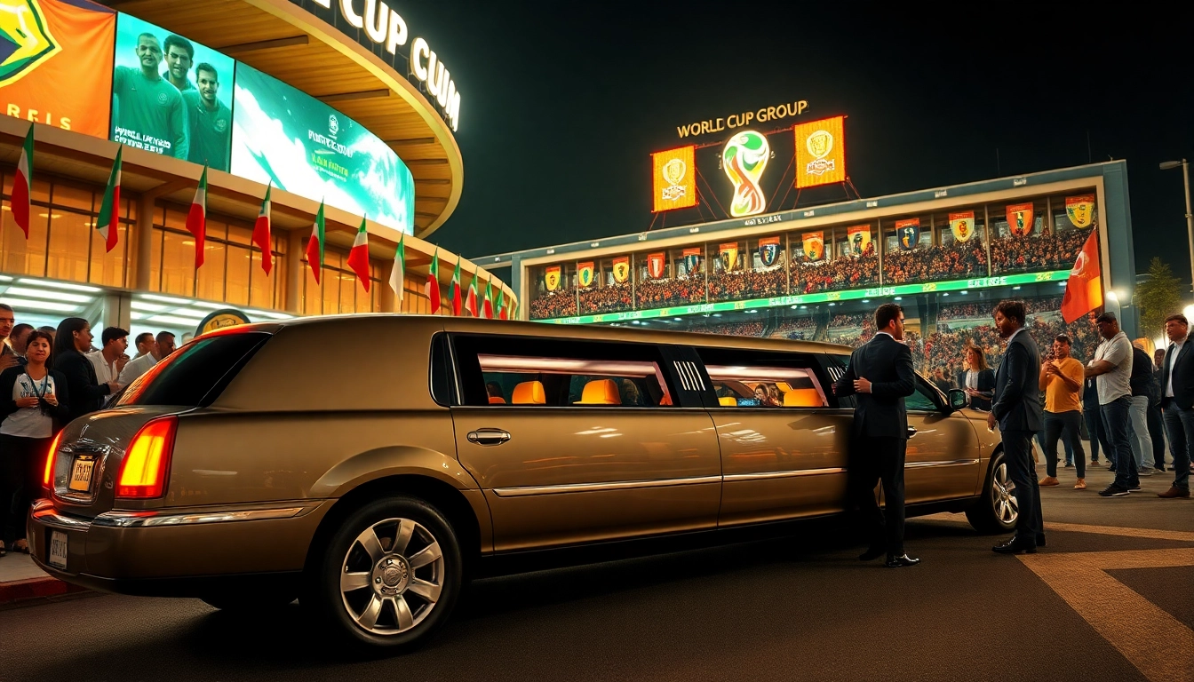Experience luxury World Cup Group Transportation with premium limousines at a vibrant LA stadium.