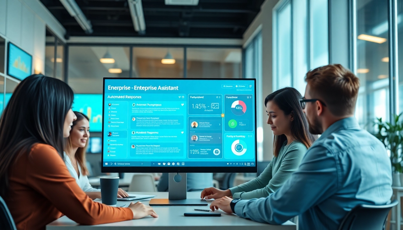 Integrate enterprise assistant software visually enhancing team collaboration in a modern office.