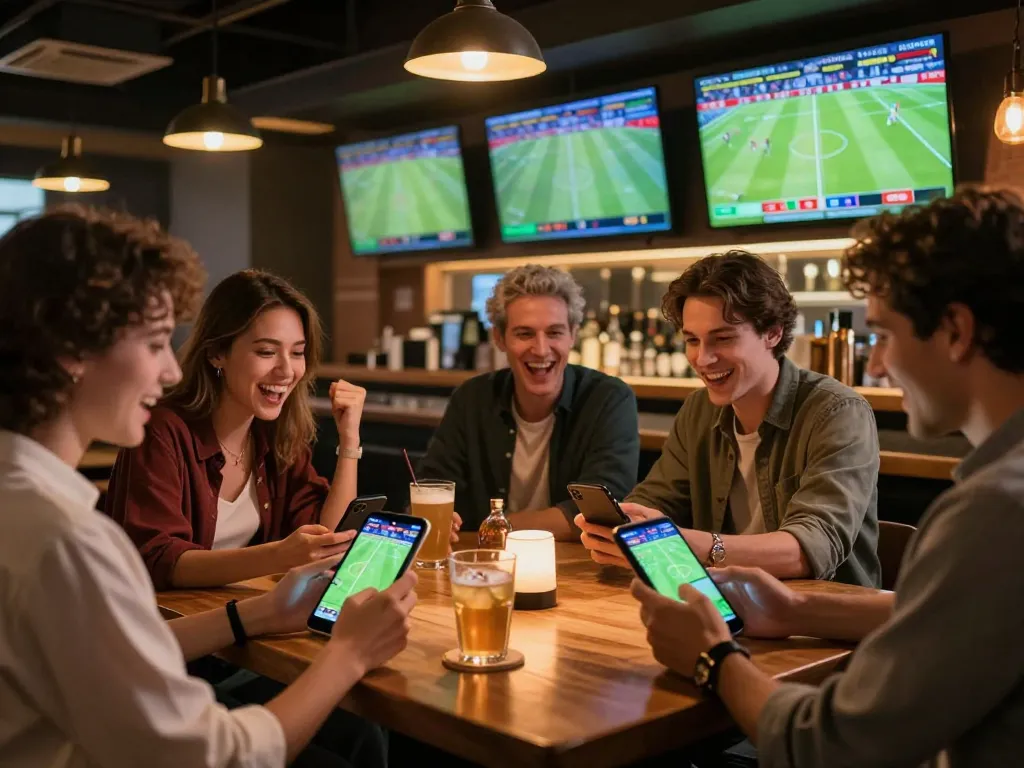 Engaged group of friends using mobile devices for keonhacai 5 sports betting during a live match.