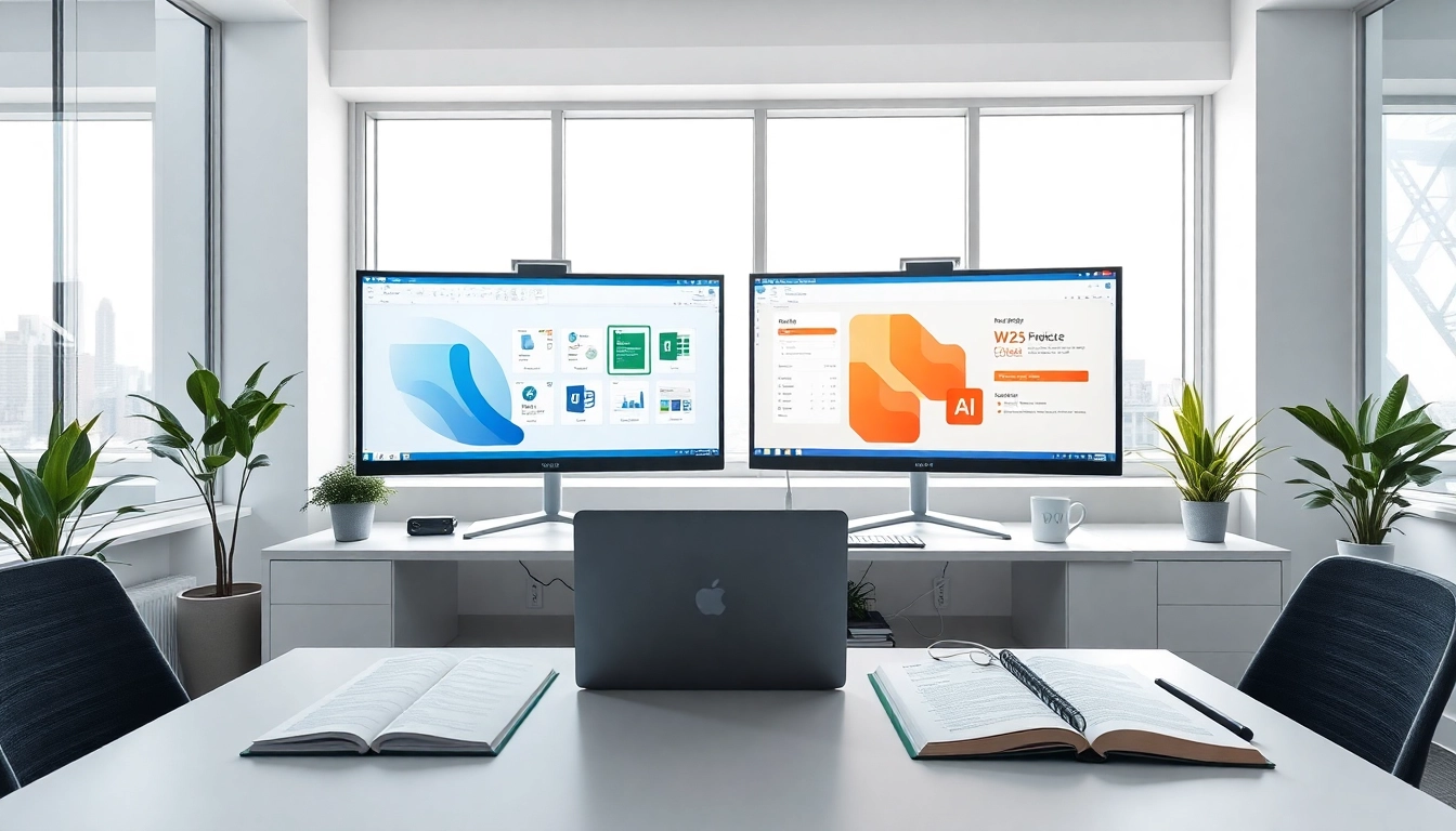 在现代办公室设置中，双显示器上展示的 WPS Office 应用，突出生产力。