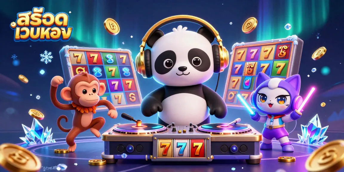 Engage with สล็อตเว็บตรง through a vibrant scene of a DJ panda and dynamic characters in a thrilling gaming atmosphere.