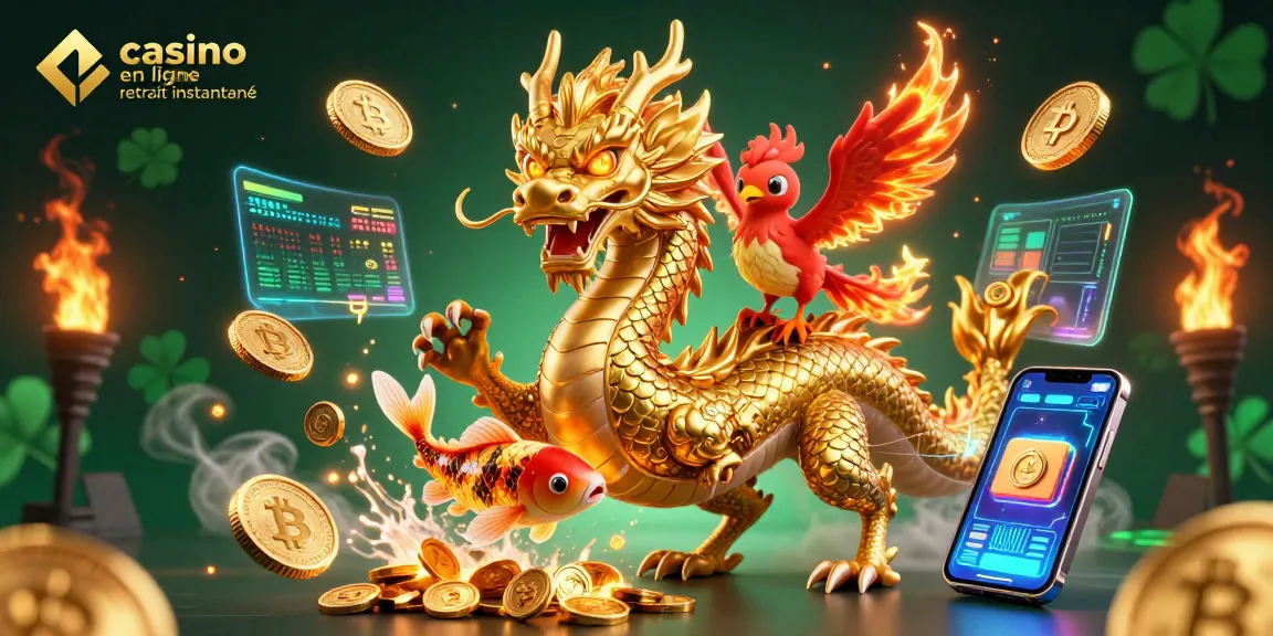 Vivez des gains rapides dans une scène dynamique de casino en ligne retrait instantané mettant en vedette des dragons et des éléments crypto.