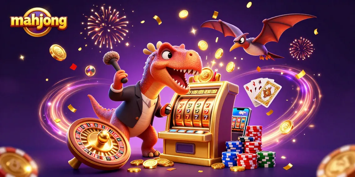 Mahjong-themed illustration of a pachycephalosaurus winning jackpot coins at a slot machine, depicting casino excitement.