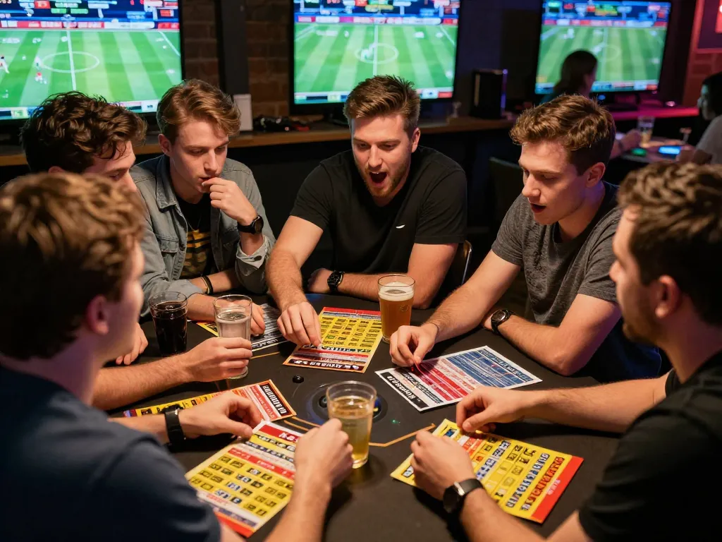 Friends eagerly analyzing sports bets while enjoying their rr88bet experience together.
