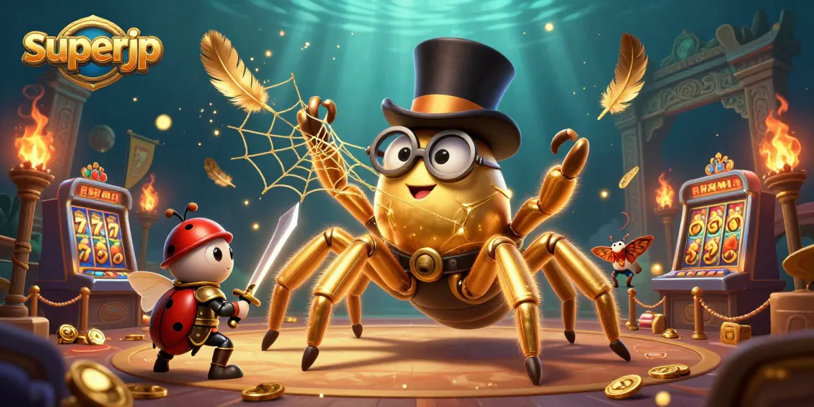 Experience the excitement of superjp with a vibrant 3D casino scene of a golden tarantula and beetle knight.