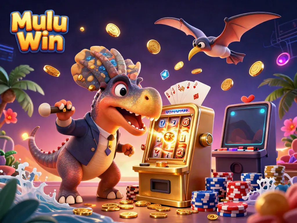 Catch golden winnings with Mulu Win as vibrant 3D characters play slots amid sparkling coins and cards.