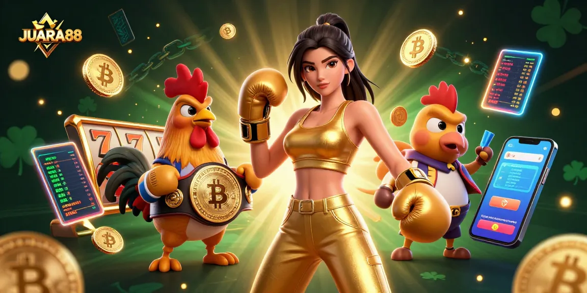Experience the thrill of JUARA88 with a vibrant 3D casino scene featuring boxing characters and slot elements.