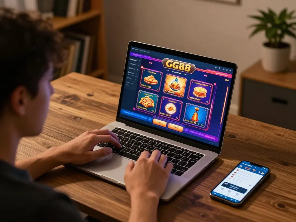 Person using GG88 đăng nhập on a laptop at home, engaged in online gambling with vibrant game graphics