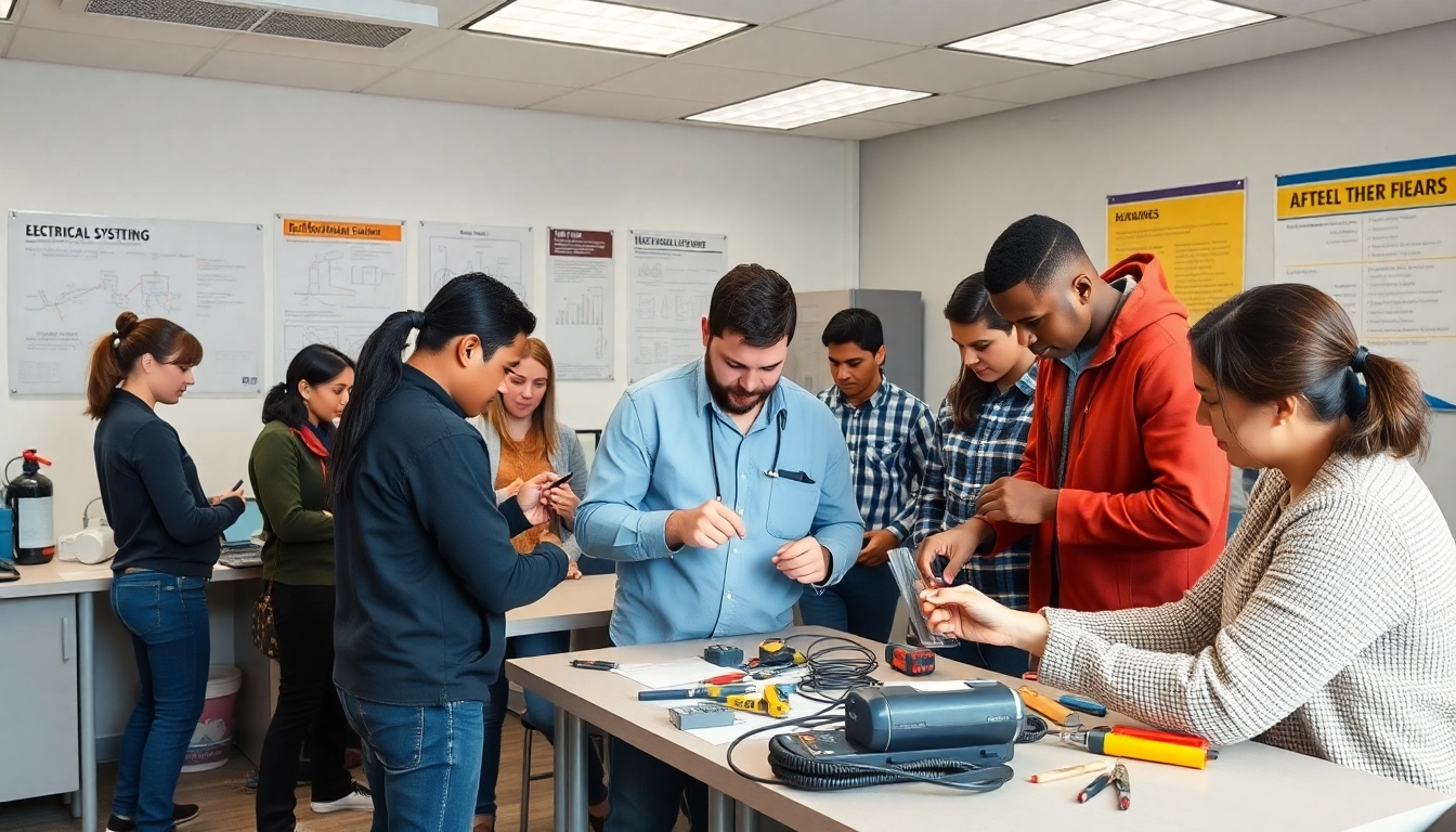 Students learn practical skills at a vibrant electrician trade school colorado classroom.