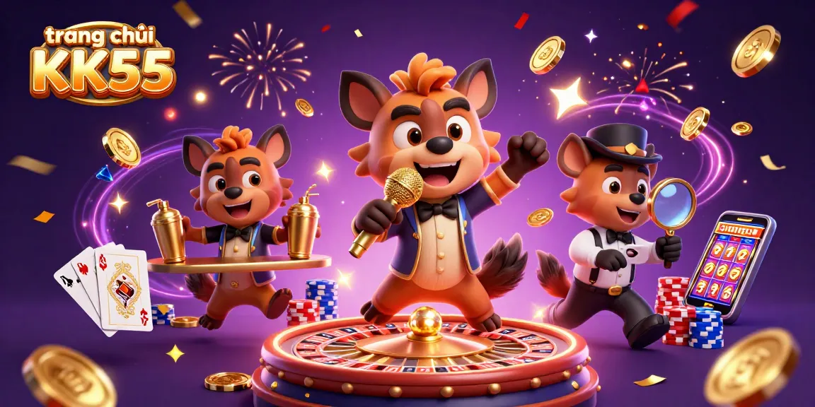 Experience the excitement at trang chủ KK55 with hyenas engaging in casino fun surrounded by coins and games.
