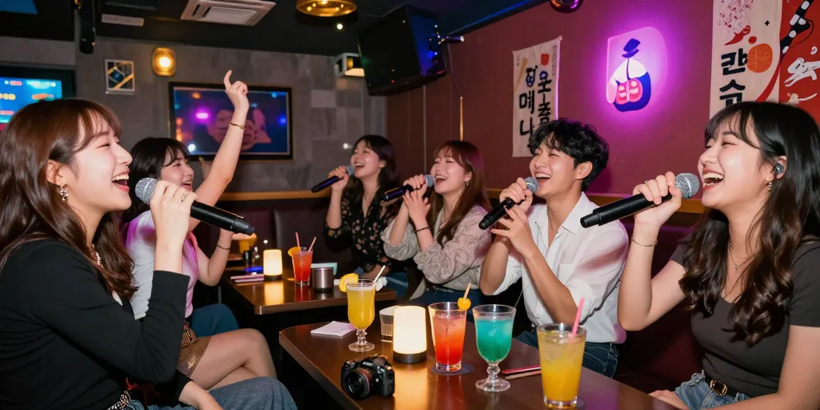 A lively karaoke night scene at https://www.magic4karaoke.com/ featuring friends singing, colorful lights, and drinks on the table.