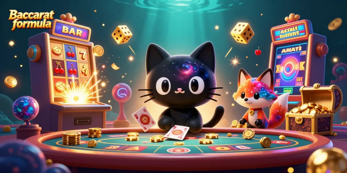 Engage in Baccarat formula strategies with lively characters amidst a vibrant casino backdrop.