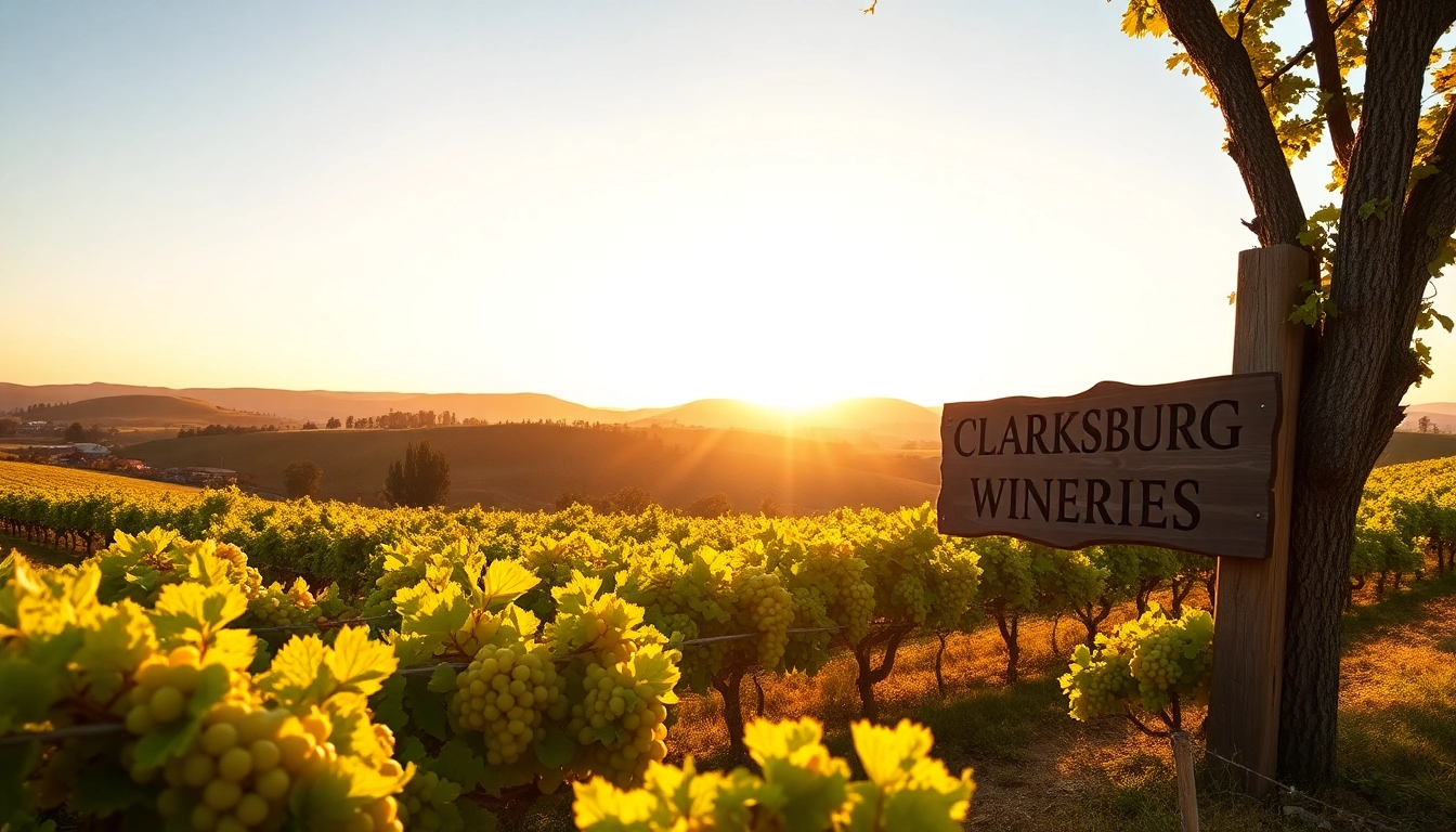 Admire breathtaking Clarksburg wineries surrounded by lush vineyards and a stunning sunset.