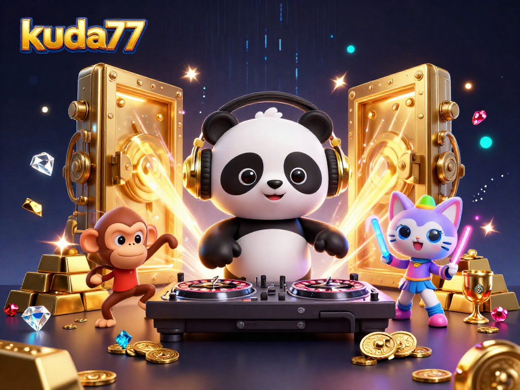 Kuda77 menyajikan DJ panda dengan headphone emas memutar musik sambil dikelilingi harta berkilau di kasino.