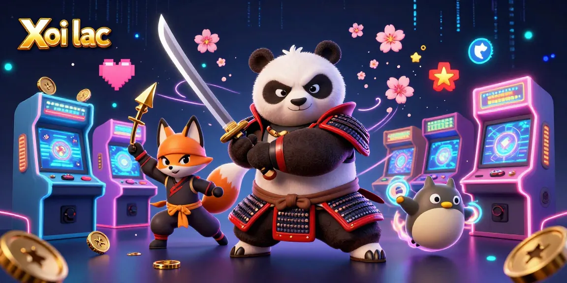 Xoi lac features a fierce cartoon samurai panda and ninja fox in a dynamic casino gaming scene.
