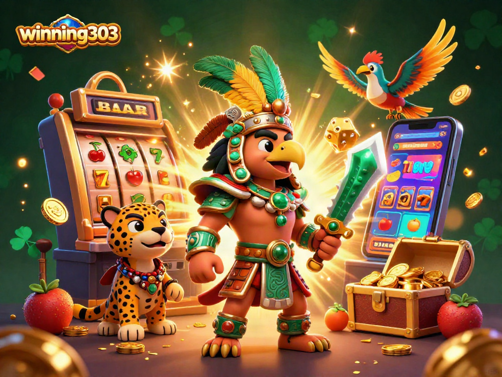 Winning303 casino scene features Aztec characters amid dynamic slot machine action.