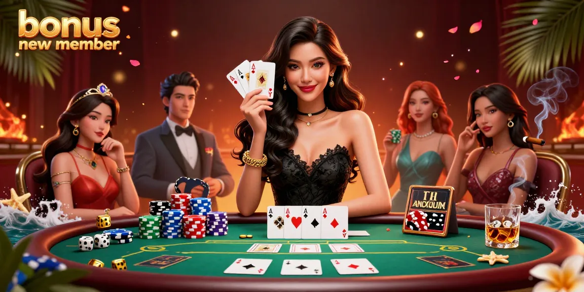Experience the thrilling essence of a bonus new member offer with an elegant Asian woman holding playing cards in a vibrant casino.