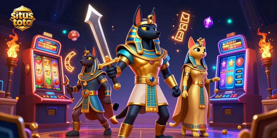 Engage in situs toto action with Anubis and Bastet amidst colorful slot machines.