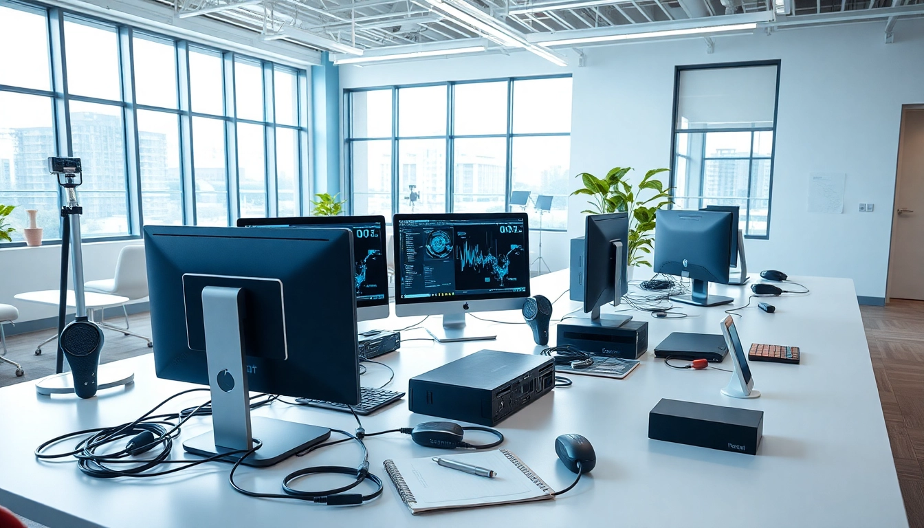 Showcasing technology in a modern office with sleek gadgets and advanced computers.