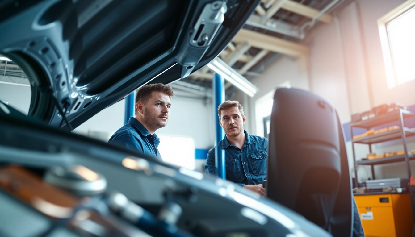 Mechanic inspecting a vehicle service contract in a bright garage environment.